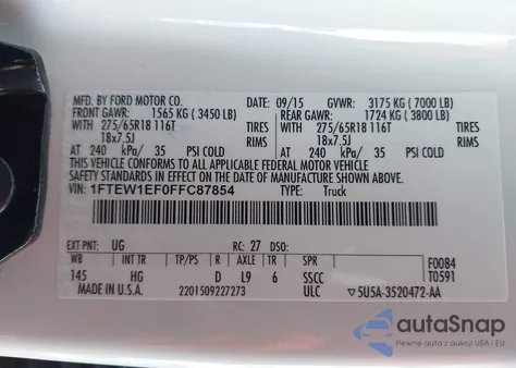 2015 Ford F-150 Lariat from USA, damaged, VIN 1FTEW1EF0FFC87854